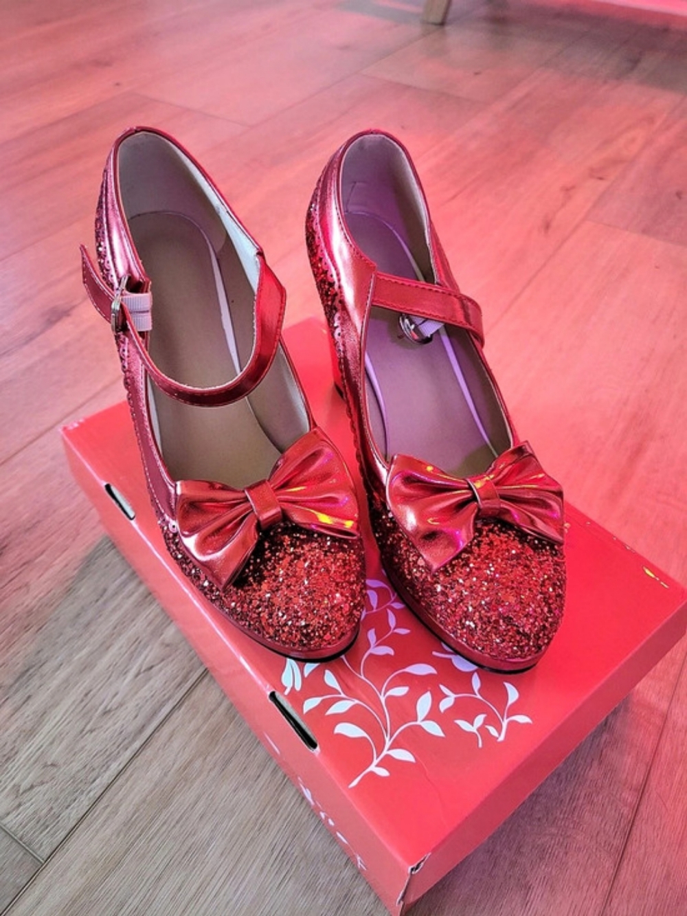 Sequin Glitter Bow Mary Jane Dorothy Heels in Red Size 6.5
